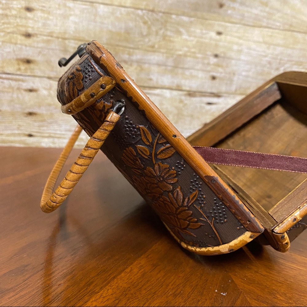 Wood purse box bag tooled floral Asian inspired small - Picture 14 of 16